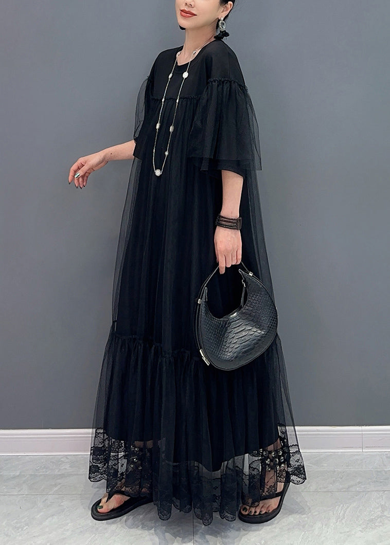 Plus Size Black O Neck Wrinkled Patchwork Tulle Dress Summer AO1070 JDML-SDL240909