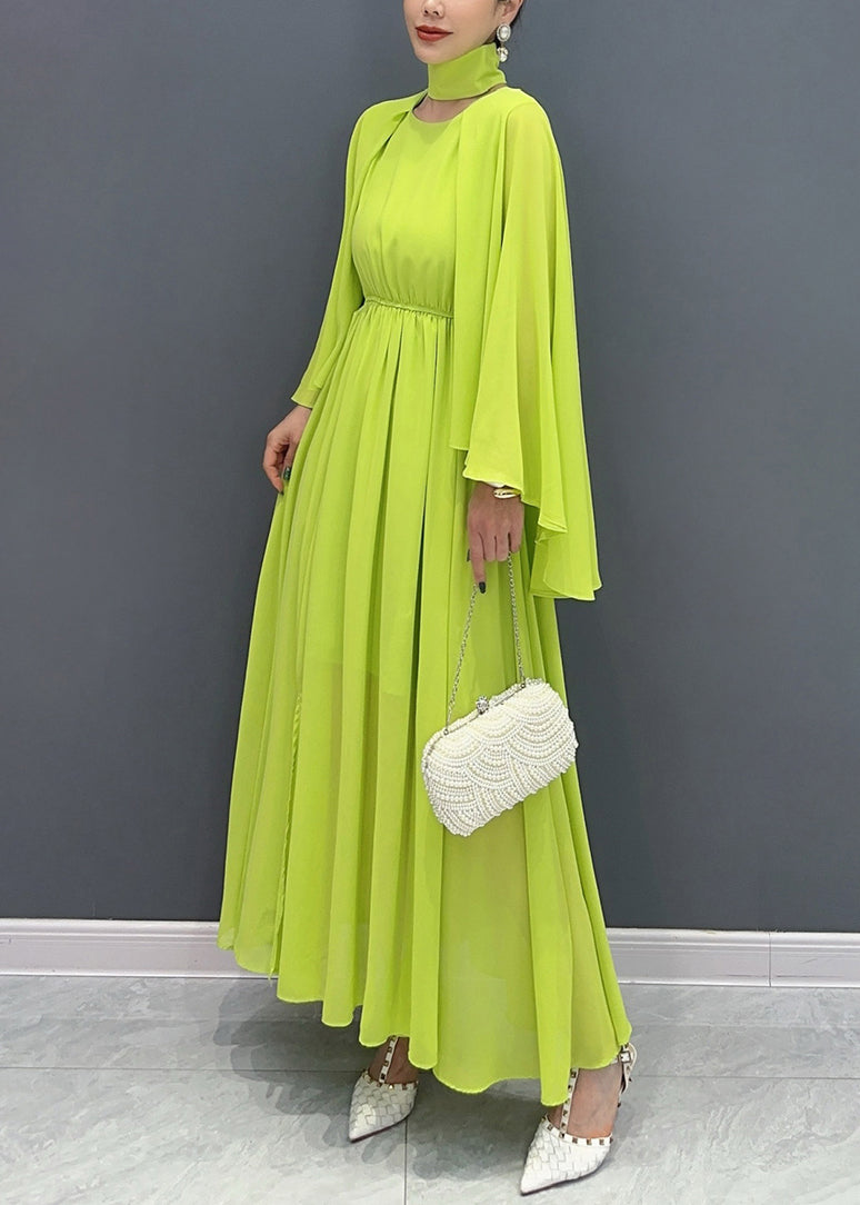 Fitted Green Shawl Collar Patchwork Vacation Maxi Dresses Flare Sleeve AO1031 JDML-FDL240909