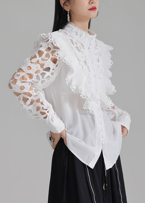 White Cotton Out Hollow Stylish Shirts Button Spring FashionChic