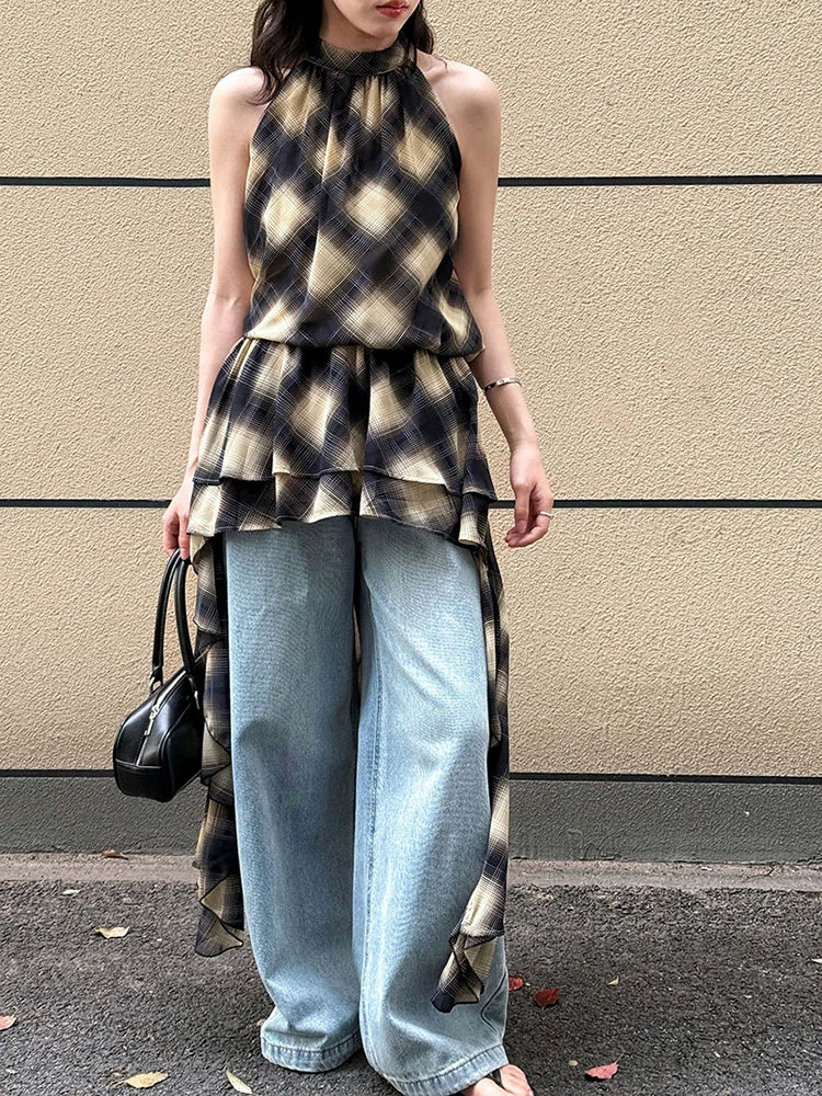 Asymmetric Khaki Plaid Neck Sleeveless Top High-Low Uniaue Halter FashionChic