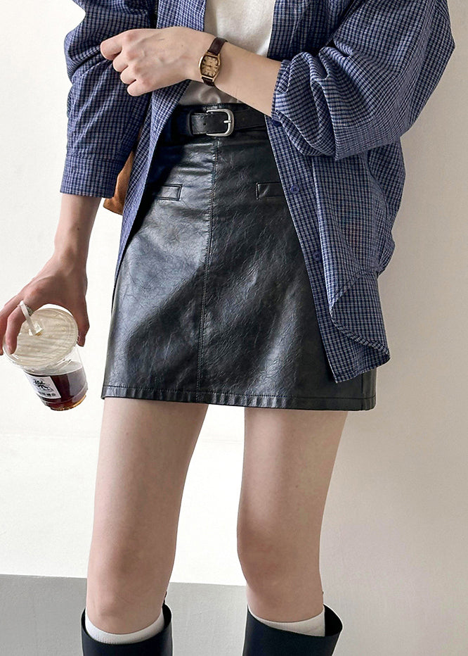 Black Solid Zippered Faux Leather Skirt High Waist AF1037 HS-SPTS240914