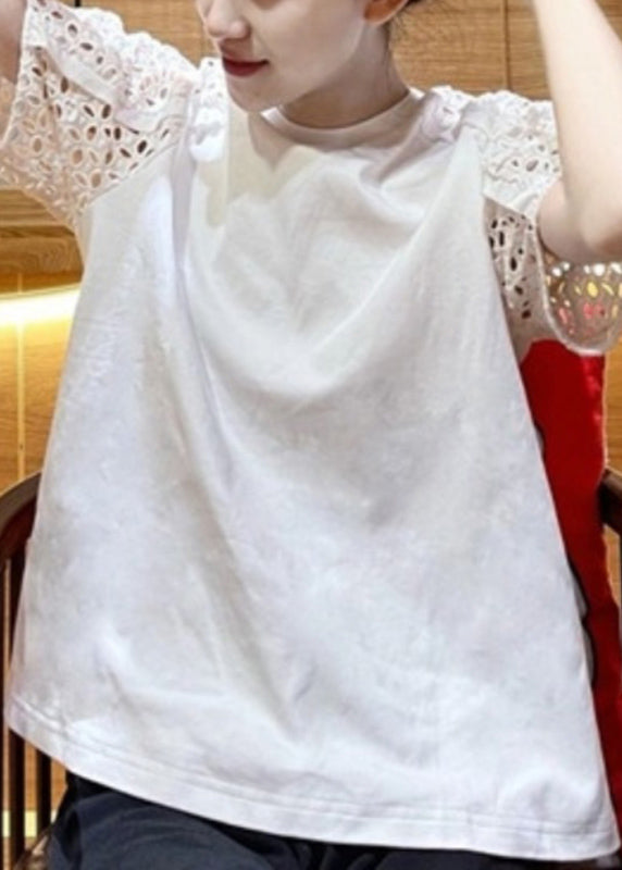 Chic White O-Neck Hollow Out T Shirt Short Sleeve TT1040 shopify