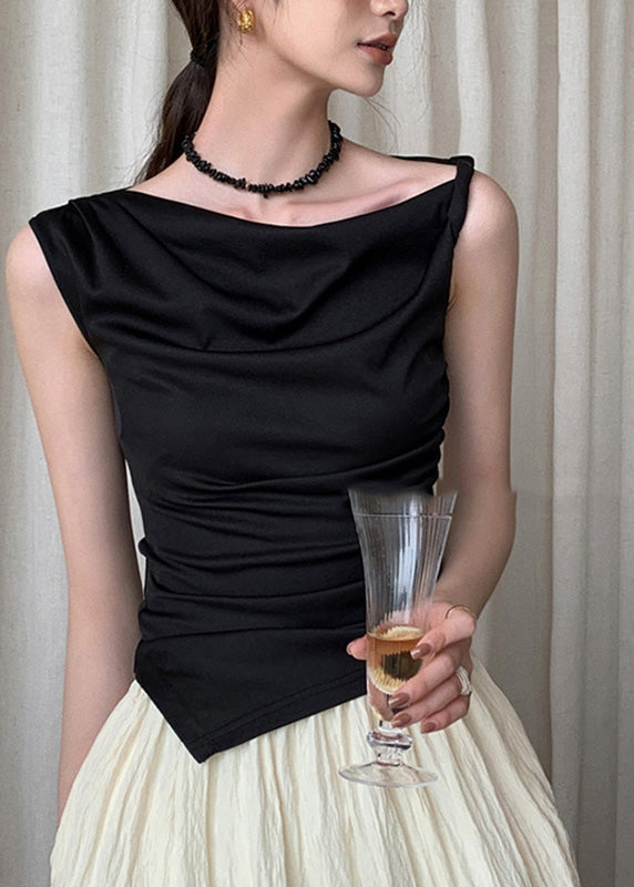 Slim Fit Black Asymmetrical Cold Shoulder Vest Summer AN1020 Genistyle Shop