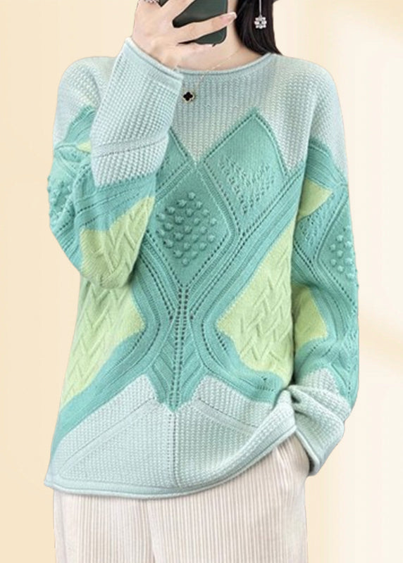 Beautiful Green O-Neck Plaid Cotton Knit Sweaters Fall QP018 OL-NTP241001
