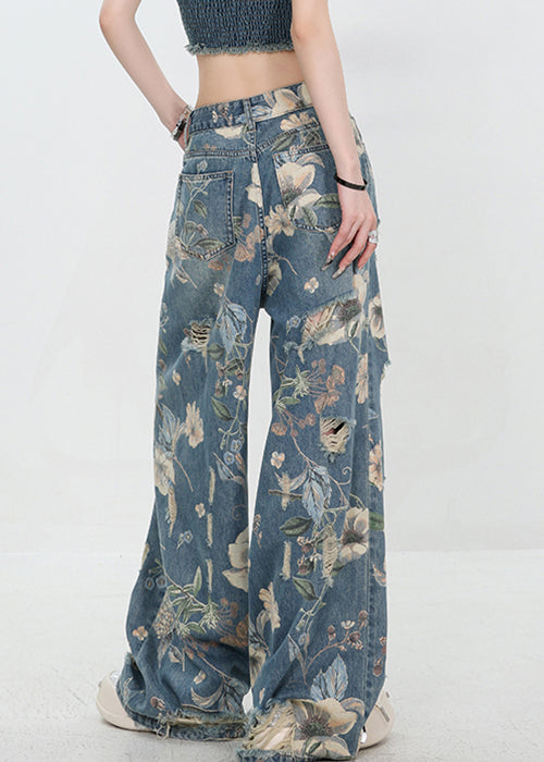 High Hole Print Denim Unique Blue Waist Summer Pants FashionChic