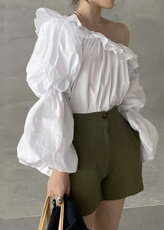 Cold Blouse Puff Sleeve French Shoulder Cotton White Top FashionChic