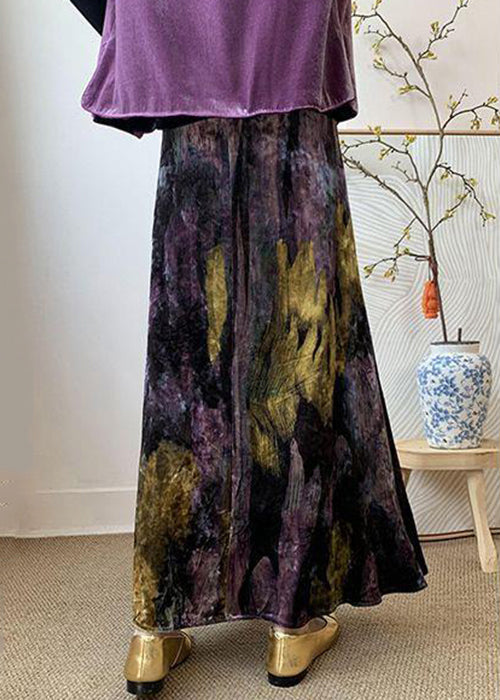 Dye Velvet Loose Silk Purple Tie Elastic Skirts Side Open Waist FashionChic