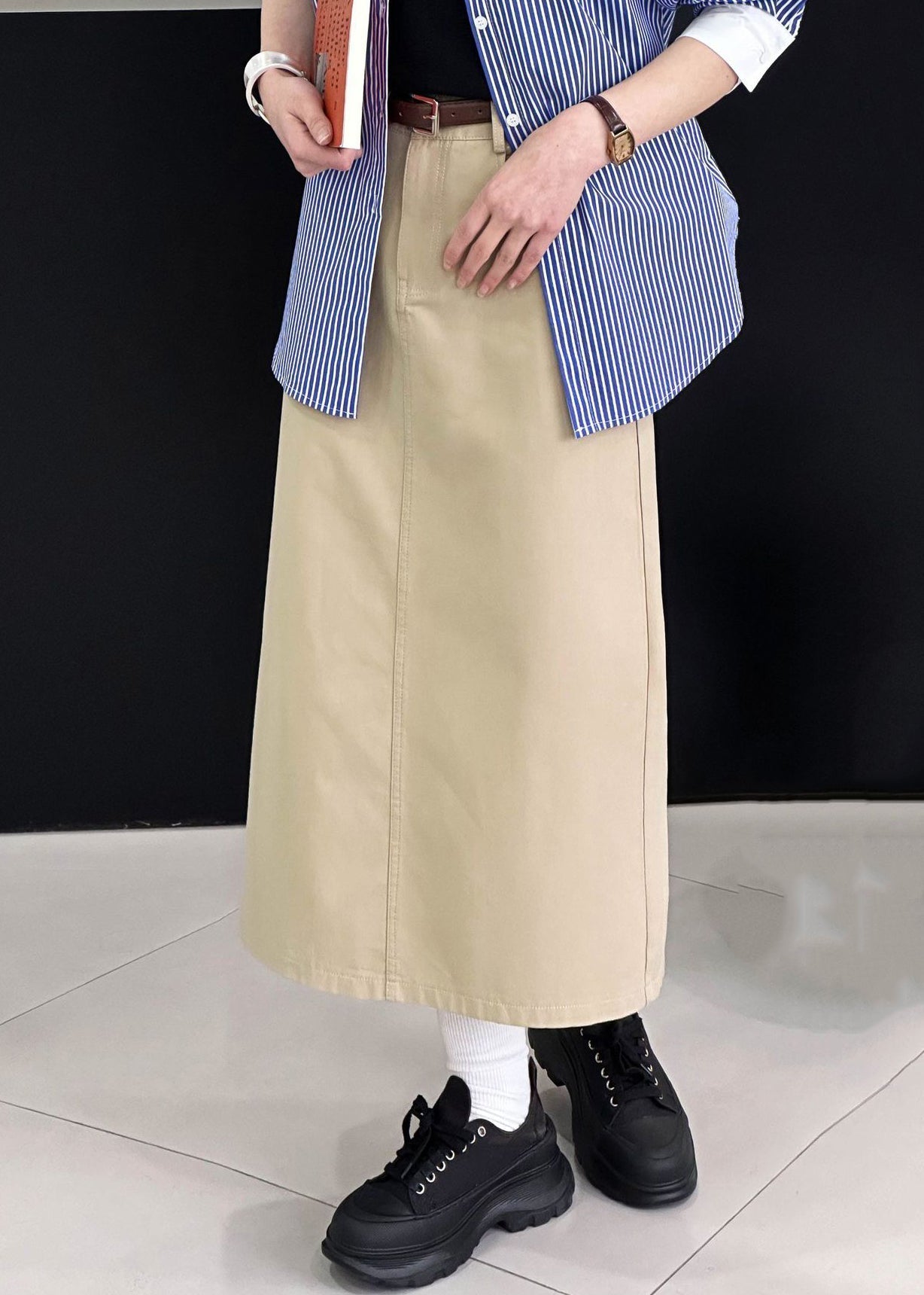 Khaki Side Open Solid Cotton Skirt High Waist AF1068 HS-SKTS240914