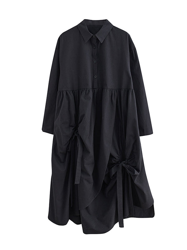 Stylish Black Lapel Buttoned Drawstring Pleated Tied Pockets Sleeves Shirt Dress WS004 shopify