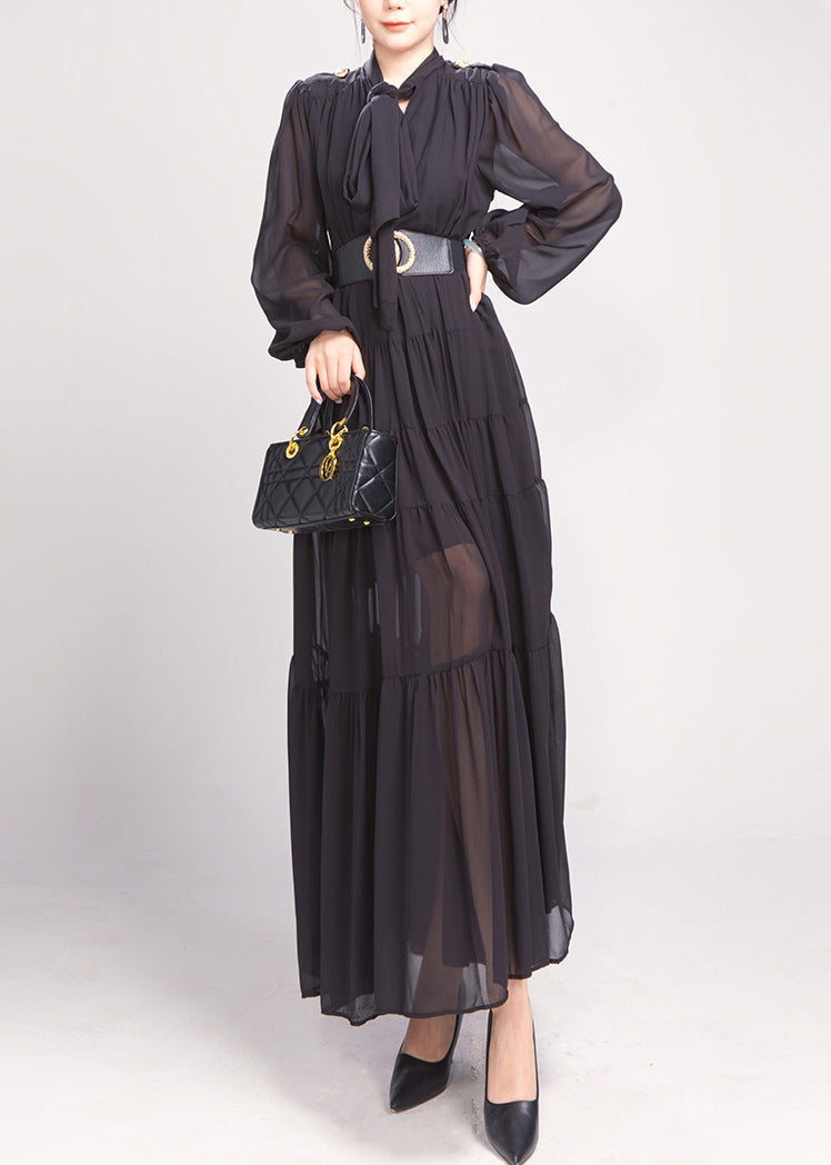 Black Bow Wrinkled Chiffon Maxi Dress Long Sleeve AO1043 JDML-FDL240909