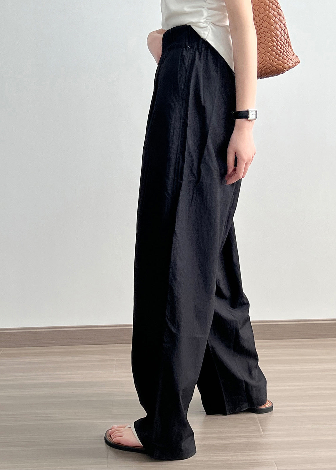 Black Pockets Cotton Wide Leg Pants Elastic Waist Wrinkled Fall AF1079 HS-LPTS240914