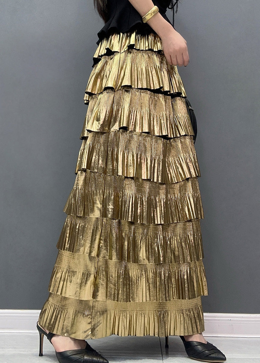Stylish Gold High Waist Layered Wrinkled Skirts Summer AO1003 JDML-SKTS240909