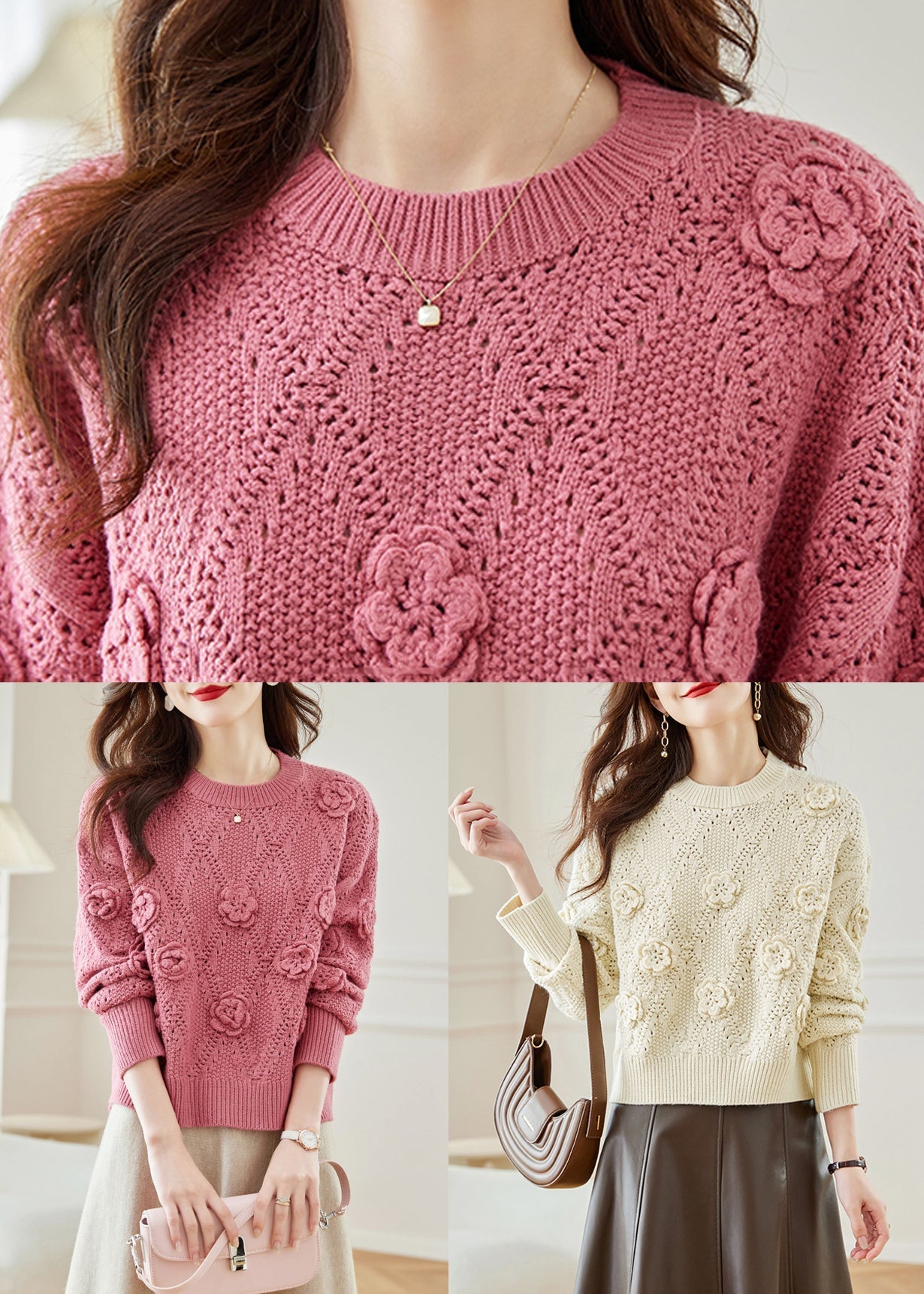 Floral Pink Hollow Out Solid Knit Sweaters Fall QC033 shopify