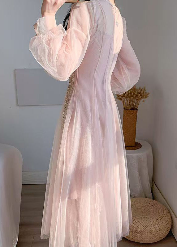 2024 New Pink Mesh Tulle Nail Bead Bubble Sleeve Dress AZ1019 shopify