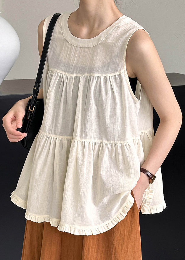 Beige Ruffled Solid Cotton Tops O Neck Summer AF1048 HS-STP240914
