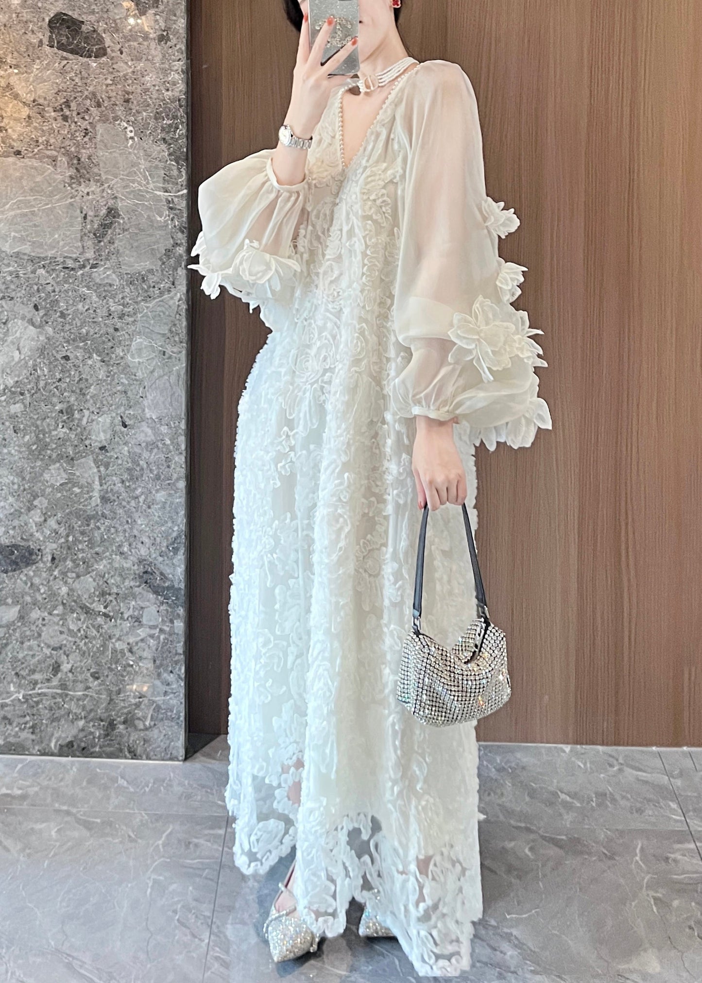 Beige Patchwork Italian Tulle V Spring Dresses Lace Neck Long FashionChic