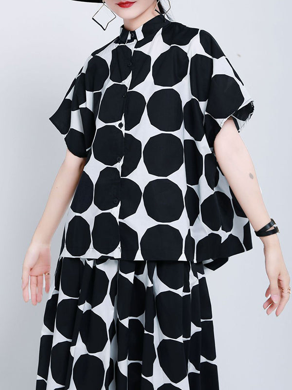 Pockets Neck Mock Black Polka-Dot Stylish High Buttoned Shirt FashionChic