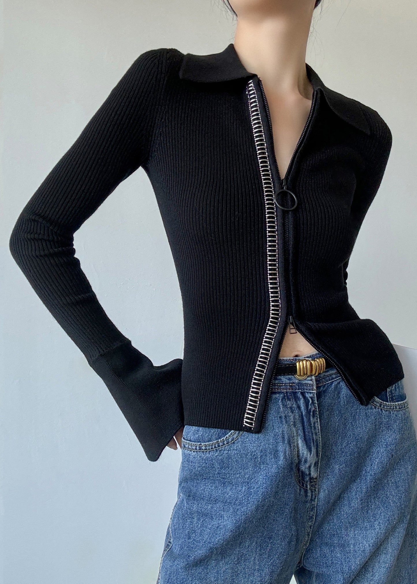 Italian Black Peter Pan Collar Zip Up Patchwork Woolen Sweaters Winter RV028 ABC