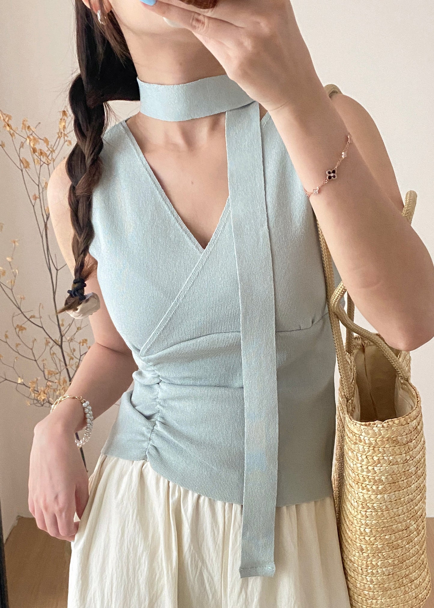 Handmade Black V Neck Wrinkled Scarf Knit Vest Summer AN1029 Genistyle Shop