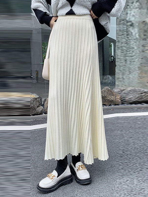 Brief Khaki High Waisted Pleated Striped A-Line Knit Skirt TW006 ABC