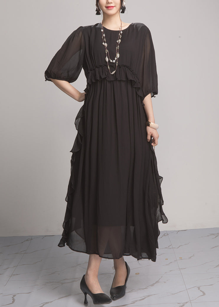 Handmade Green O-Neck Ruffled Wrinkled Vacation Chiffon Maxi Dresses Lantern Sleeve AO1027 JDML-FDL240909