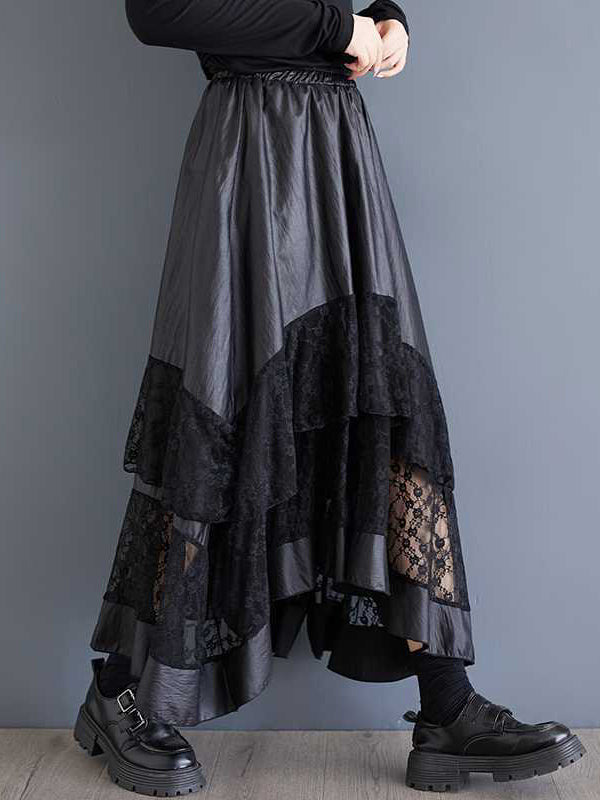 Goth Black Elasticity Layered Irregular Hem Patchwork Lace A-Line Skirt TW023 ABC