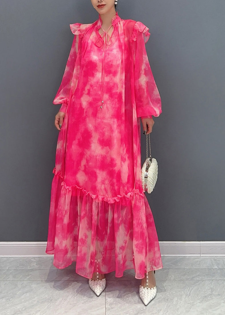 Style Red Stand Collar Ruffled Print Chiffon Maxi Dress Long Sleeve AO1025 JDML-FDL240909