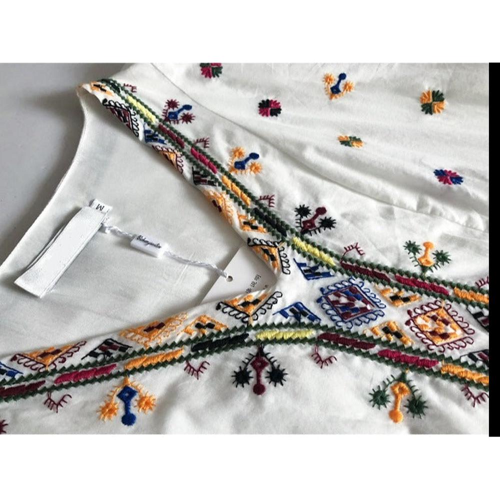 Boho White V-neck Floral Embroidery Lace-up Three-quarter Sleeves Dress AR1020 shopify