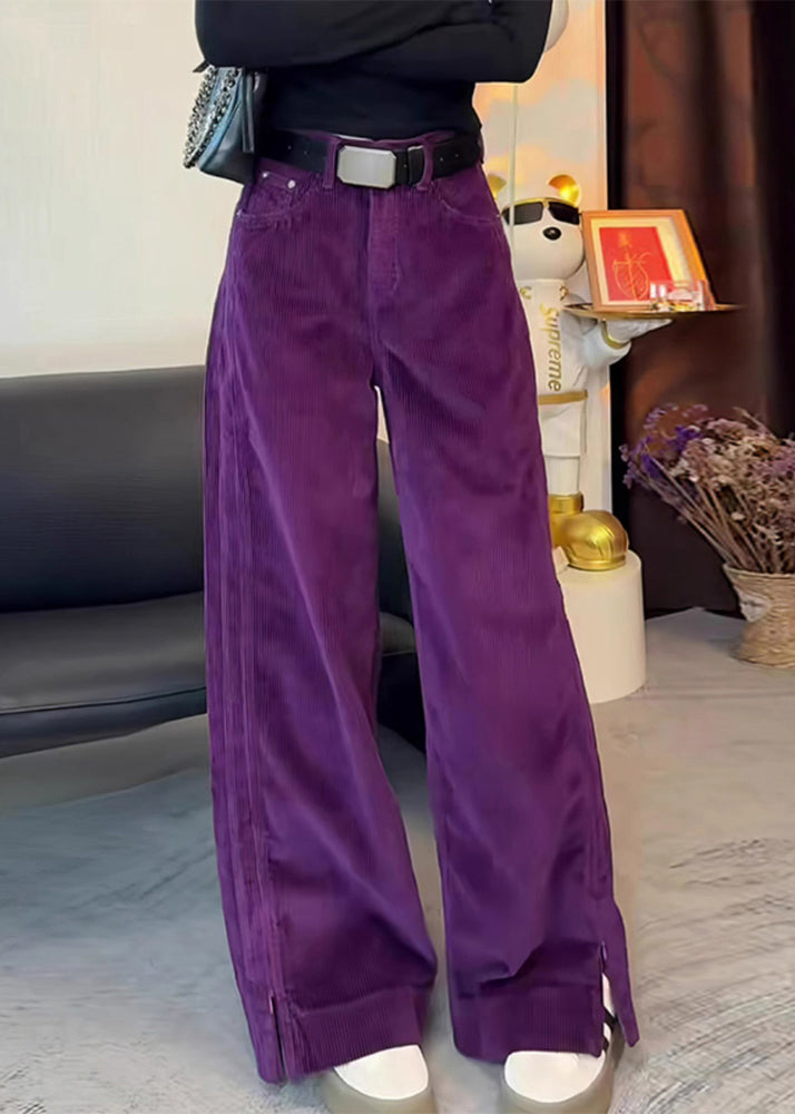 Corduroy High Simple Waist Side Purple Straight Spring Pants Open FashionChic