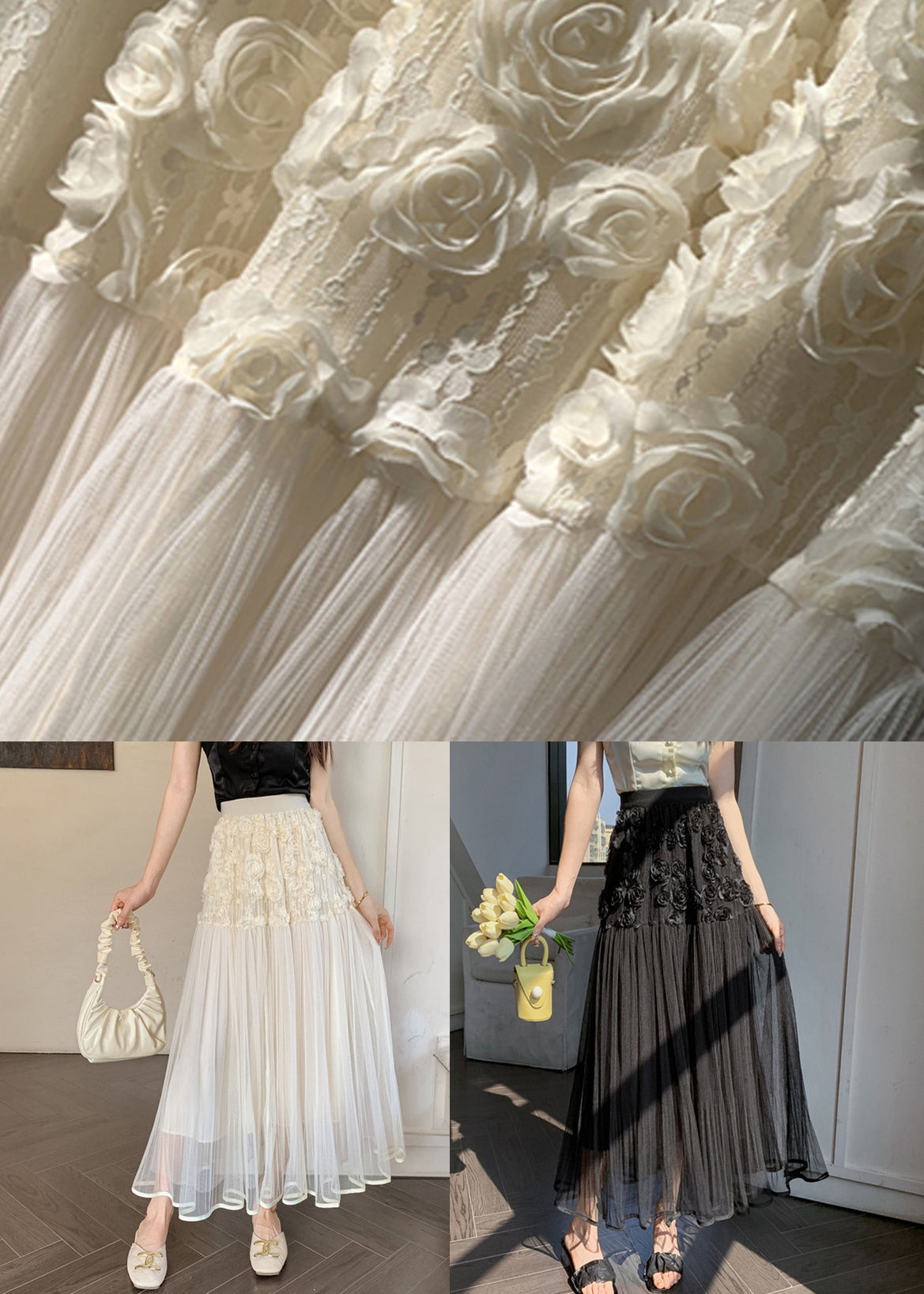 Unique Beige Floral Elastic Waist Tulle Skirts Spring RV011 ABC