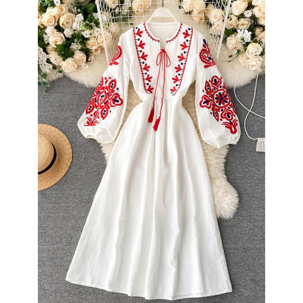 Bohemian Navy O-Neck Lacing Embroidered Flower Lantern Sleeve A-line Dress AR1011 shopify
