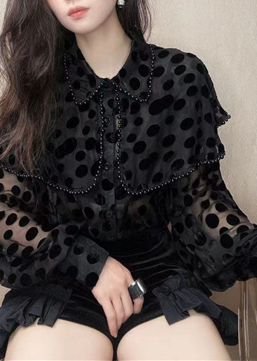 Patchwork Black Unique Velour Blouses Nail Collar Pan Bead Peter FashionChic