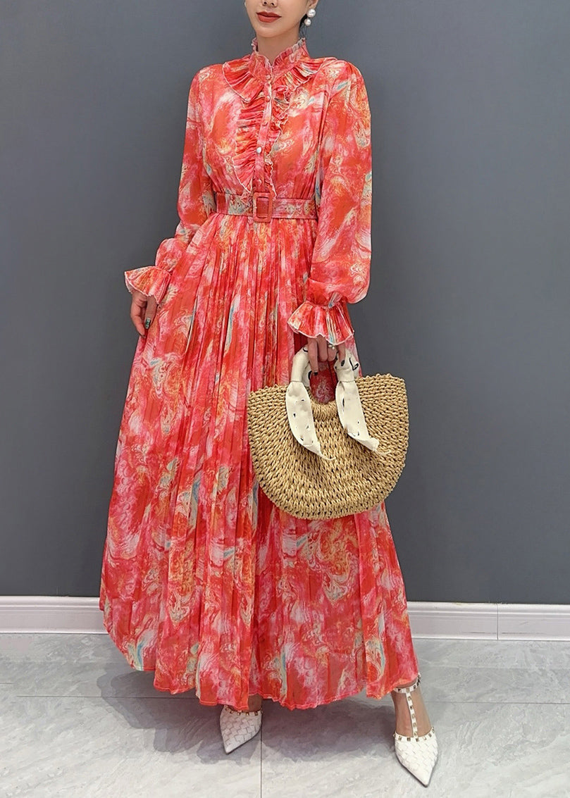 Collar Print Fashion Long Stand Chiffon Sashes Dress Red FashionChic