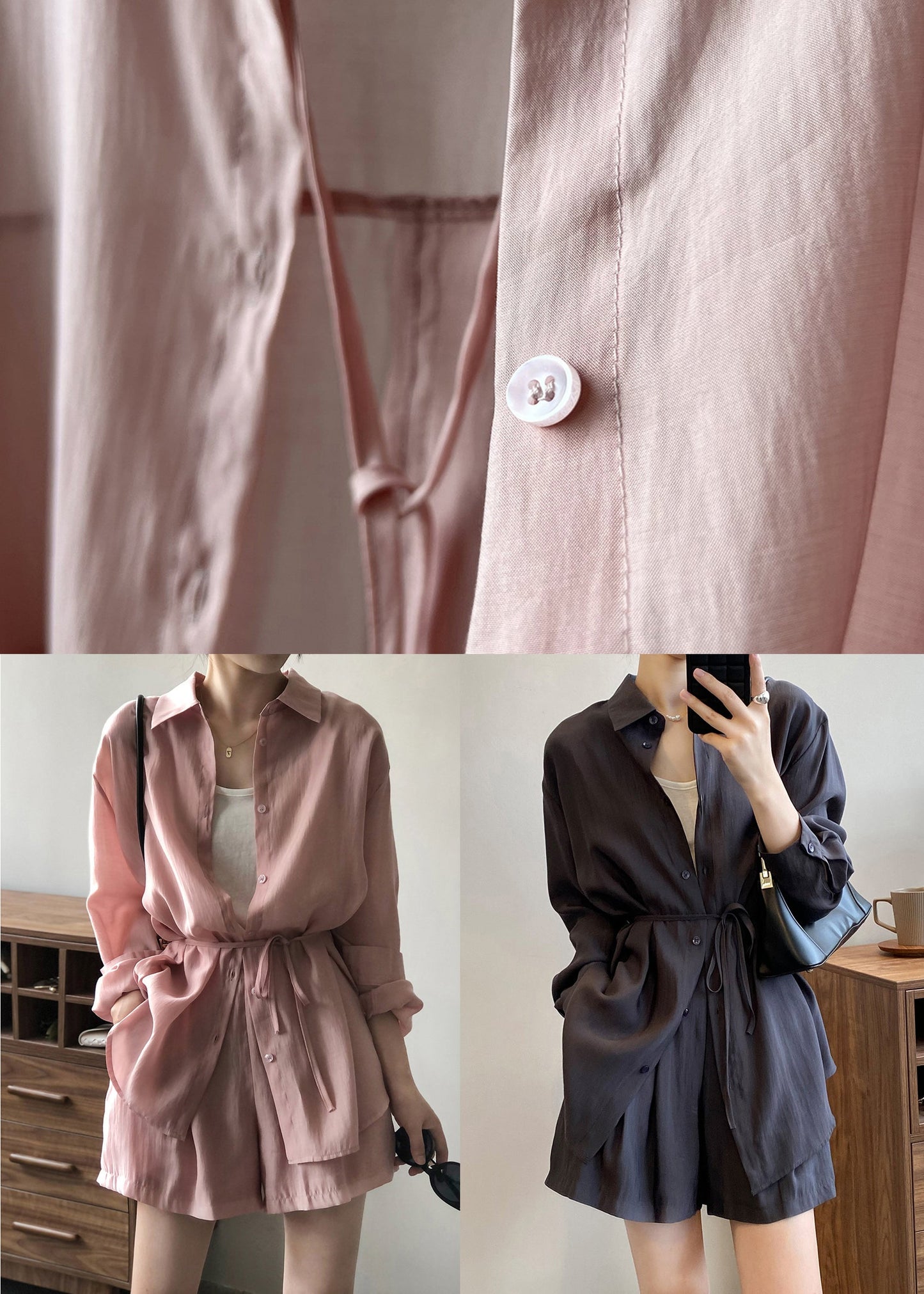 Pieces Shorts Up Lace Two Set Shirts Silk Pockets Pink And Loose FashionChic