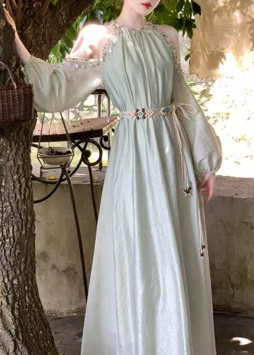 Apricot Bohemian Lantern Silk Cold Sleeve Shoulder Sequins Long FashionChic