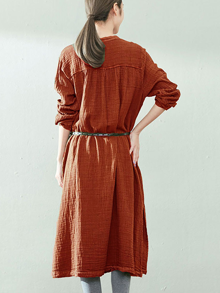 Plus Size Women Autumn Artsy Solid Button V-Neck Loose Dress AK1005 Genistyle Shop