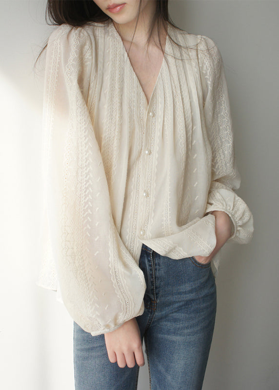 Lantern Art Embroidered Apricot Shirt Chiffon Sleeve FashionChic