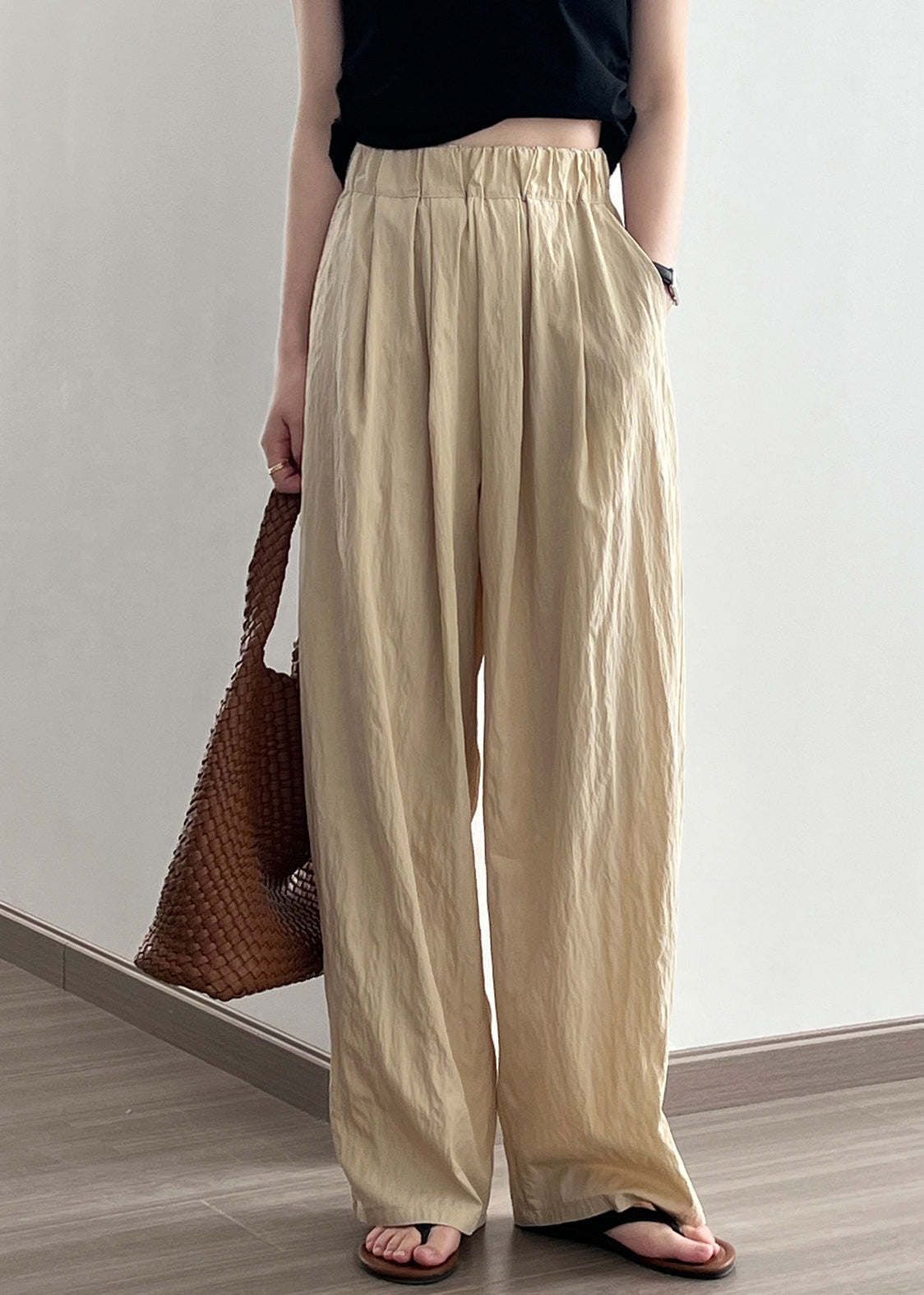 Women Khaki High Waist Wrinkled Cotton Wide Leg Pants Fall AF104 HS-LPTS240914