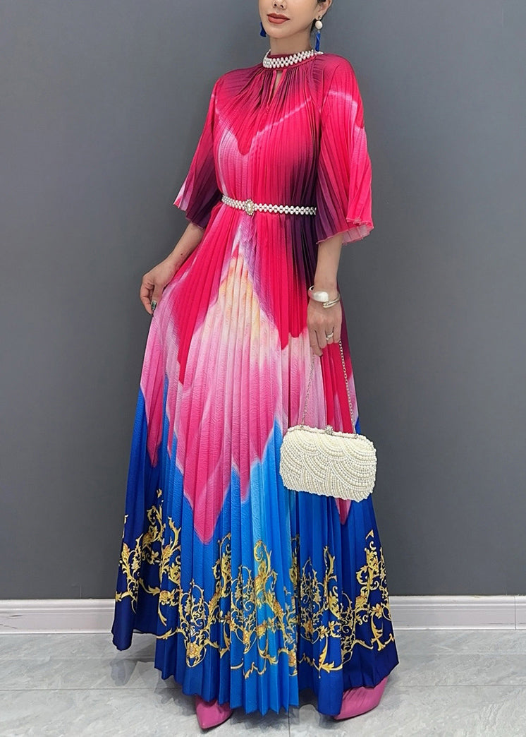 Chic Red Blue Patchwork Print Sashes Maxi Dresses Half Sleeve AO1041 JDML-SDLSS240909