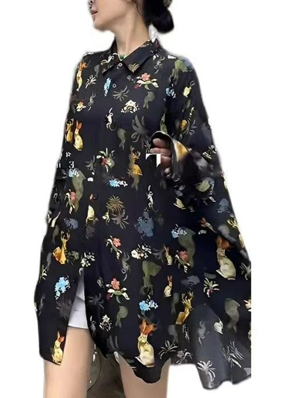 Fashion Black Peter Pan Collar Print Button Chiffon Shirt Long Sleeve TT1043 shopify