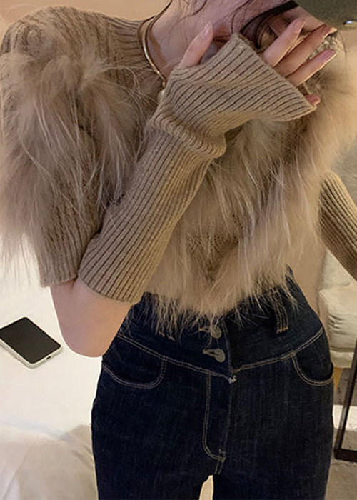 Art Khaki Leather And Fur Patchwork Knit Sweaters Winter QC014 shopify