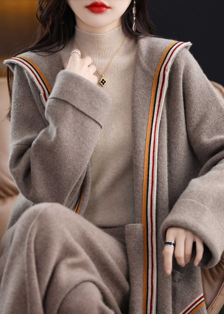 Unique Beige Zippered Patchwork Cozy Woolen Hoodie Cardigans Winter WV020 ABC