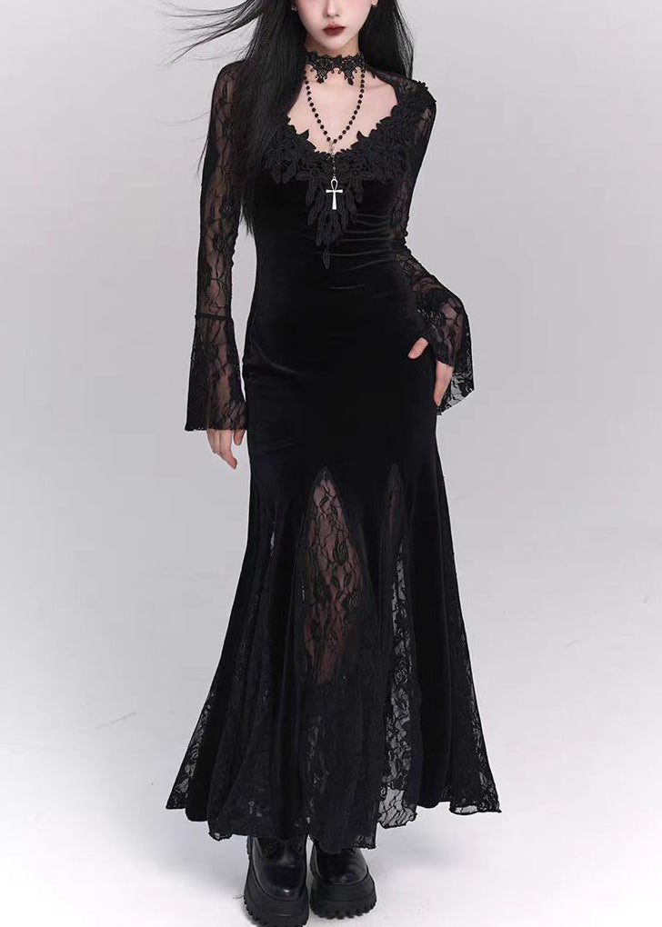 Silk Bohemian Dresses Patchwork Velvet Black Hollow Lace Maxi Out FashionChic