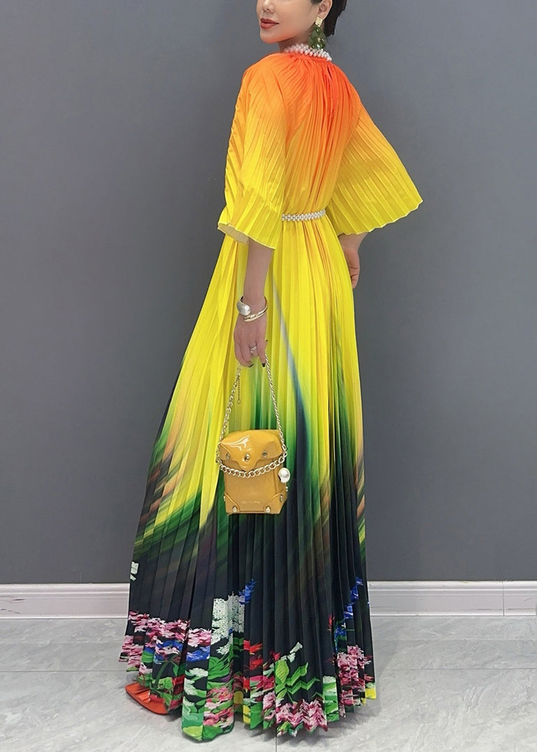 2024 Summer Fashion Orange Yellow Color Blocked Long Pleated Dress AO1020 JDML-SDL240909