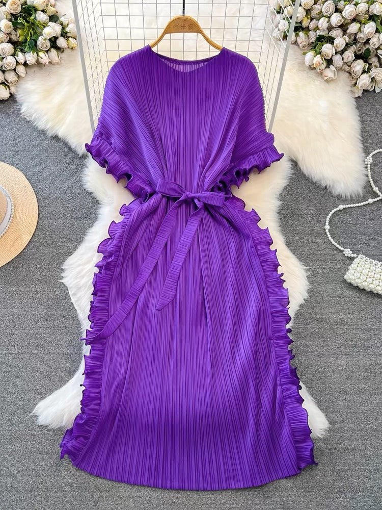 Elegant Apricot Round Neck Pleated Batwing Sleeve Lace-up Dress NN012 Genistyle Shop