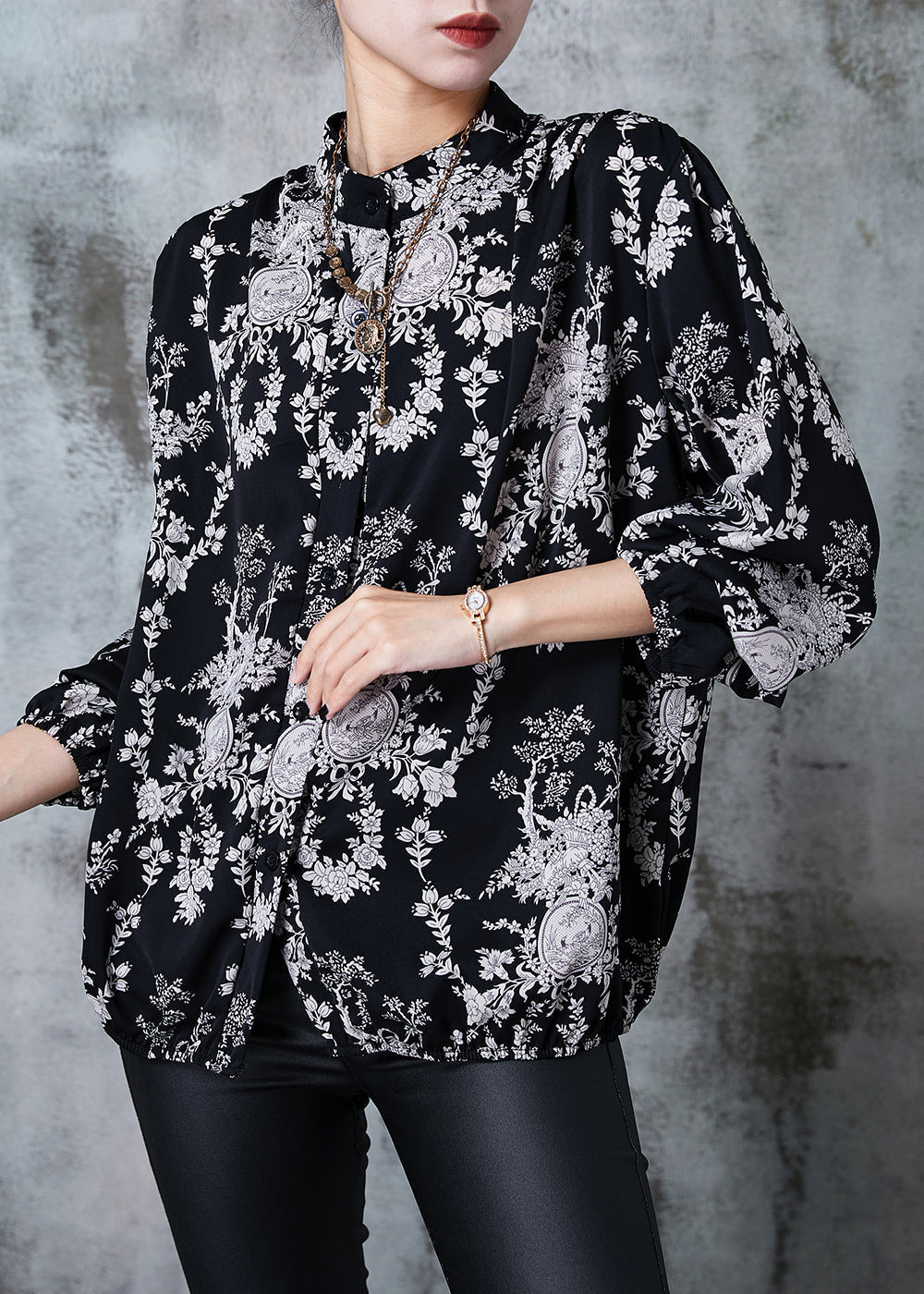 Plus Size Black Stand Collar Print Chiffon Shirts Summer PZGY-LTP240826