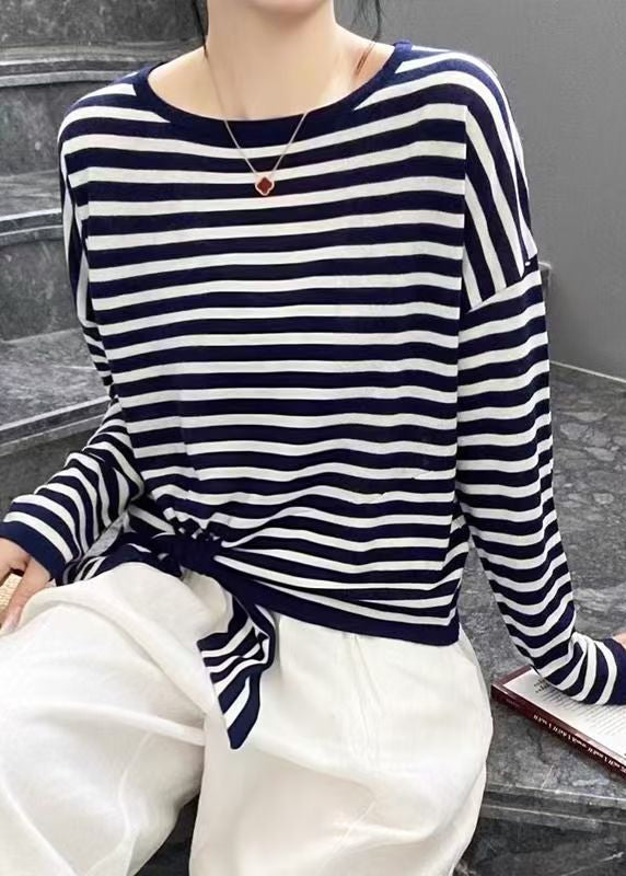 Spring O T Lace Striped Black Up Loose Neck Cotton Shirt FashionChic