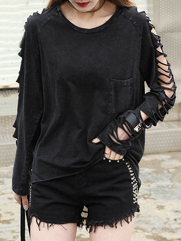 Black Sleeves T-shirt Out Long Round-neck Street Loose Hollow FashionChic