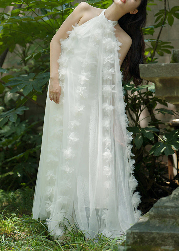 Elegant White Lace Up Solid Tulle Maxi Dresses Summer AZ1016 shopify