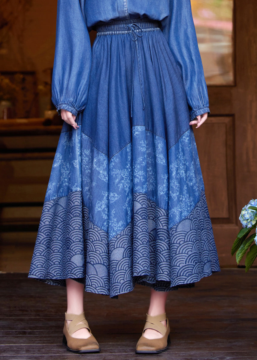 Casual Denim Blue Print Tie Waist Maxi Skirt Summer NN016 shopify